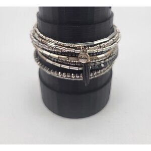 Stella & Dot Celine Silver Beaded Coil Wrap Bracelet Bling with Tassels Hematite